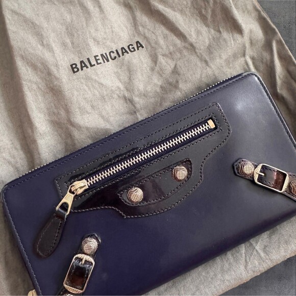 BALENCIAGA Purple Leather & Patent Leather Silver Stud Zip Around Wallet - Picture 6 of 10